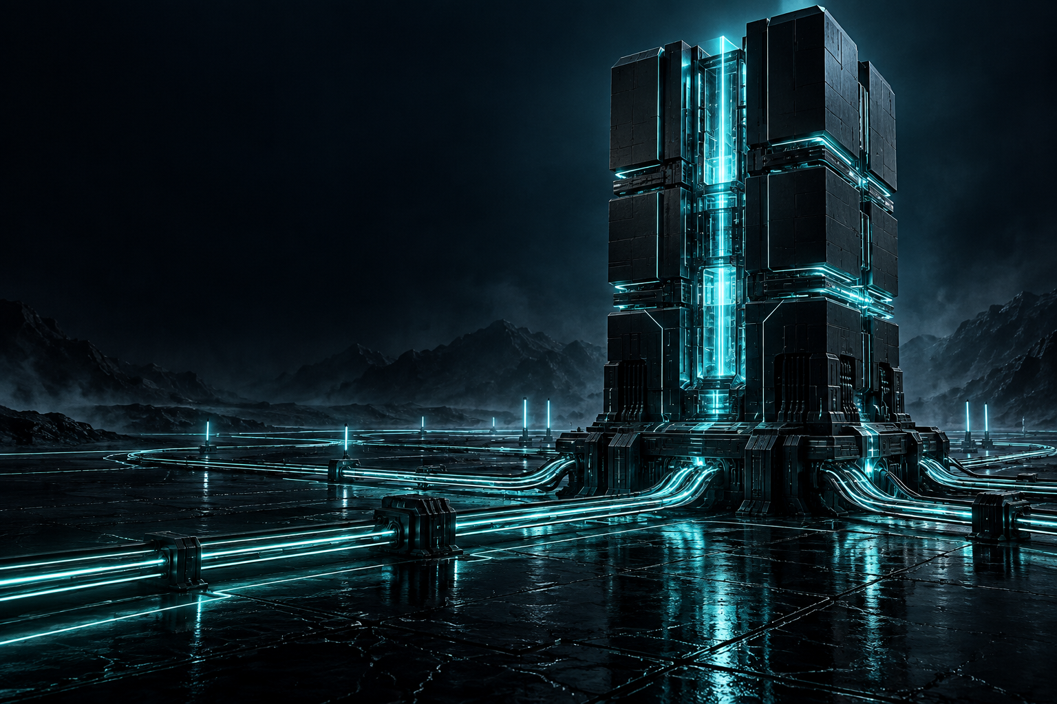 Conceptual digital power core with cyan light paths